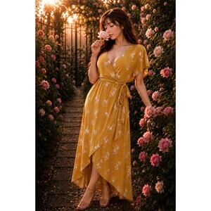 New Golden Hour Garden floral flowy flirty flutter slv wrap maxi dress
